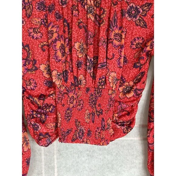 FREE PEOPLE I Got You Printed Floral Smocked Crop Top Red Long Sleeve XSmall - Picture 9 of 11